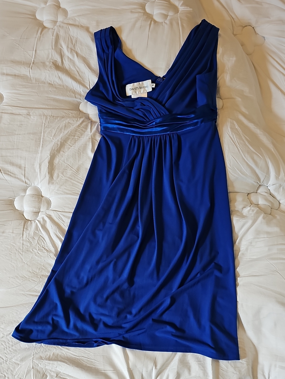 David's Bridal Cobalt Blue V-Neck Sleeveless Midi Dress